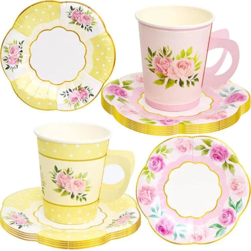 Tea Cups and Saucers with Handle Paper Disposable Tea Party Garden Spring Flo...