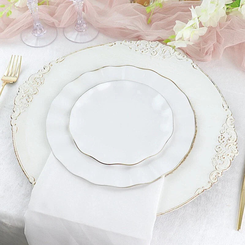 Round Plastic Salad Dinner Plates Gold Wavy Rim Party Disposable Tableware